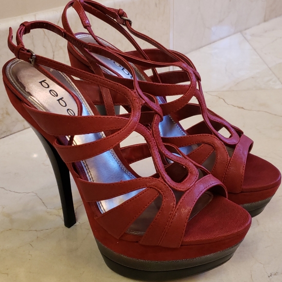 bebe Shoes - Sexy Bebe red leather strappy platform heels, Sz 8